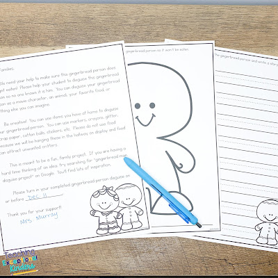 how to prep the gingerbread project resource 3 pieces of paper showing a parent letter, gingerbread template, and writing page for gingebread project