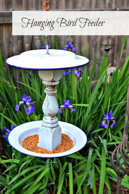 enamelware bird feeder with overlay