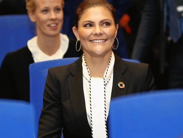 Crown Princess Victoria attended IAEA Ministerial Conference at Vienna International Atomic Energy Agency Centre. wore black blazer