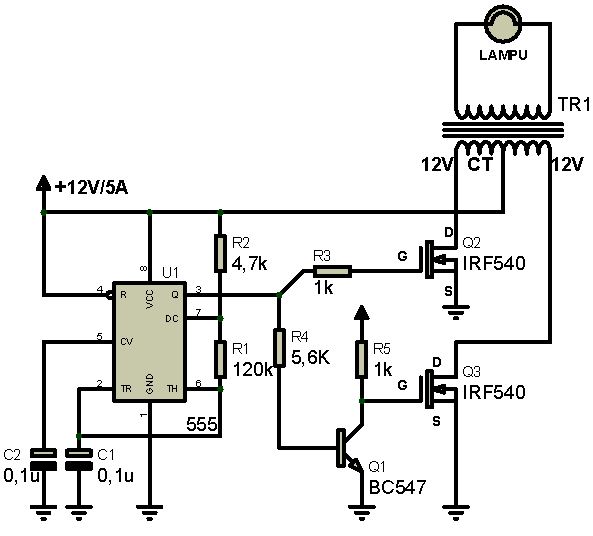 RANGKAIAN INVERTER DC TO AC MENGGUNAKAN IC NE555 DAN