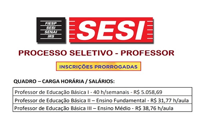 Sesi abre Processo Seletivo para Professores. Salários até R$ 5.058,69