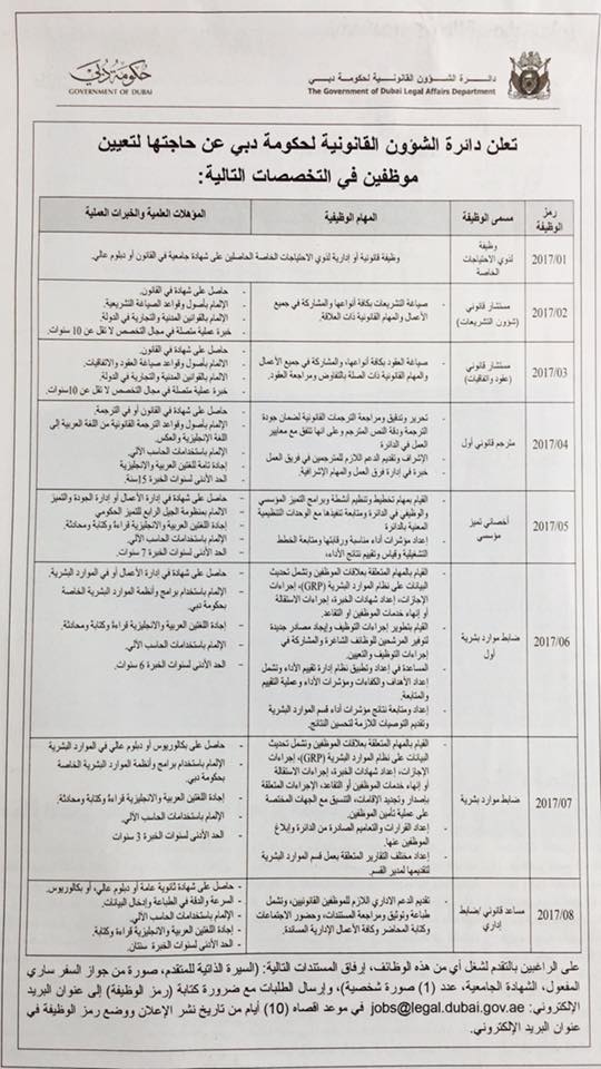 وظائف حكومية بدائرة الشئون القانونية بحكومة دبى 2017 اعلان وظائف حكومية بدبي الامارات 2017