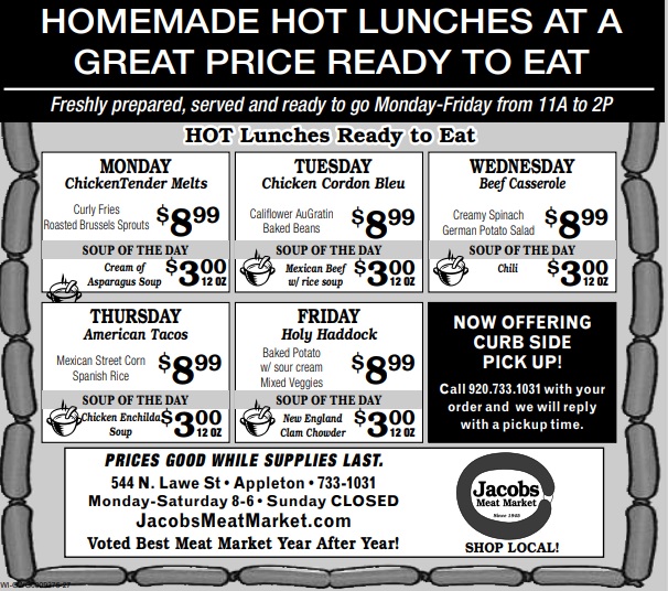HOT Lunch Menu 8/319/4/2020 Jacobs Meat Market