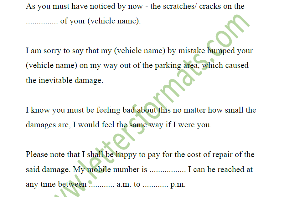 Draft Apology Message Letter for Vehicle Damage Car Accident