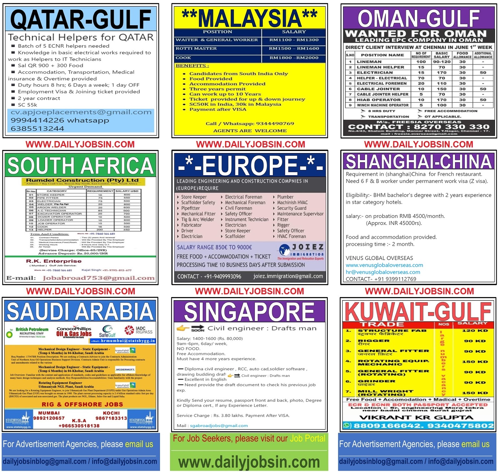 JOBS IN SINGAPORE, EUROPE, SHANGHAICHINA, MALAYSIA & GULF