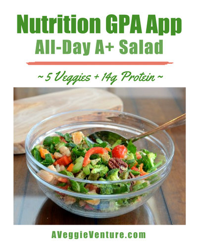 Nutrition GPA All-Day A+ Salad, another flexible concept salad ♥ AVeggieVenture.com with all the vegetables, legumes, protein and omega-3s for an A+ on the Nutrition GPA app.