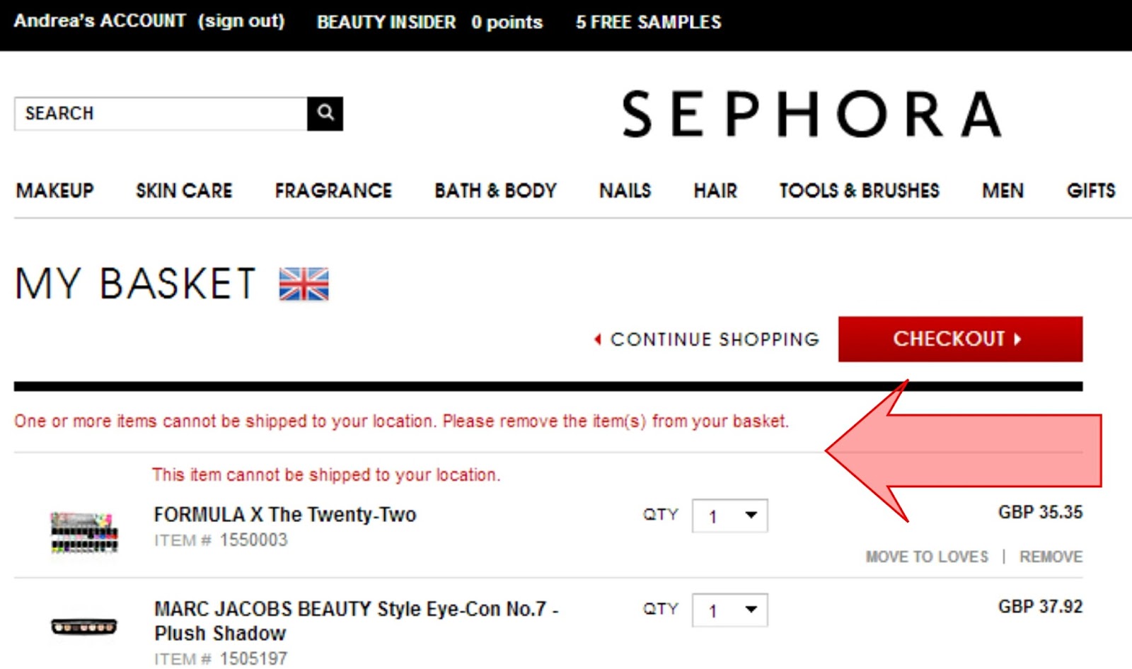 Sephora International Checkout Showing excluded products