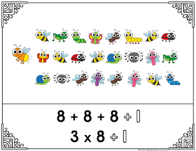 Here is one of the free posters in this set showing the repeated addition to break 25 into three row of 8 bugs each, plus one