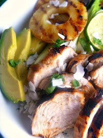 Juicy mojito marinated chicken, grilled pineapple and bok choy served over a mint, coconut and pineapple flavored rice.  It's the tropics in a bowl! - Slice of Southern
