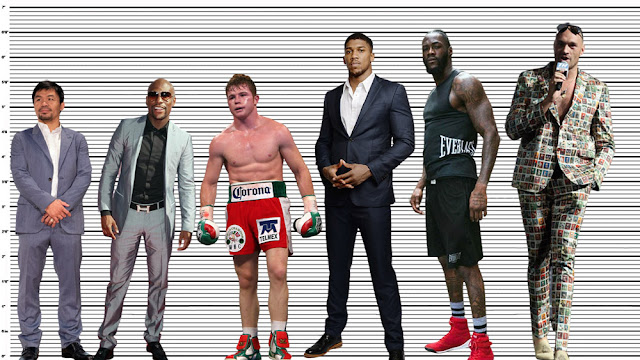 Anthony Joshua with Manny Pacquiao (5'5.5"), Floyd Mayweather Jr (5'7"), Canelo Alvarez (5'7.5"), Deontay Wilder (6'6.5"), and Tyson Fury (6'7.5")