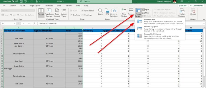 ตรึงและแบ่งบานหน้าต่างใน Excel