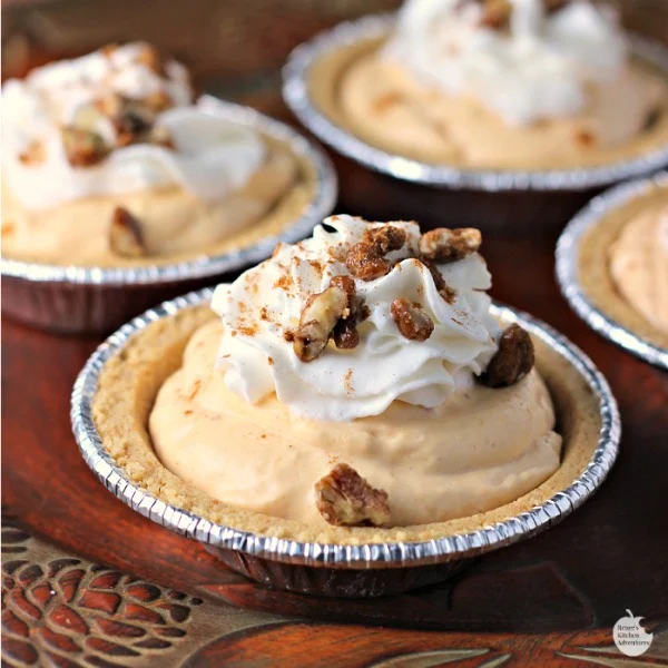 Mini Pumpkin Pecan No-Bake Cheesecakes | by Renee's Kitchen Adventures - easy dessert recipe for little pumpkin cheesecake #EffortlessPies ad 