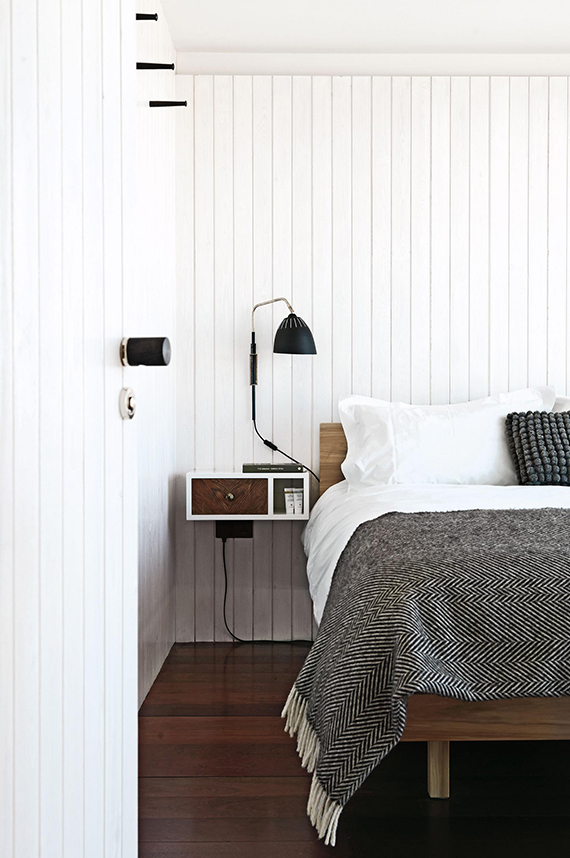 Modern country bedroom with shiplap walls. Photo by Damian Russel via Inside Out