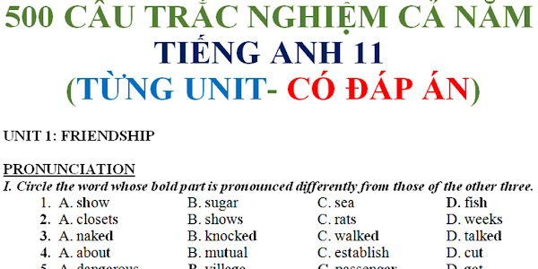 [EBOOK][ DOC ] 500 CÂU TRẮC NGHIỆM CẢ NĂM ENGLISH 11 CÓ ĐÁP ÁN