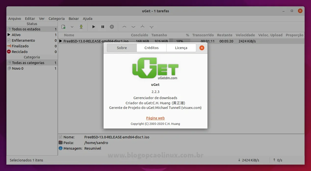 uGet executando no Ubuntu 21.10 (Impish Indri)