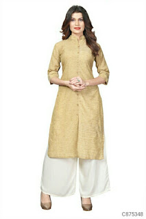 Premium Cotton Solid With Stripes Work Knee Length Kurti Sets