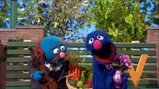 Grover and Mr. Johnson V Salesman, Grover is peddling the letter V, Sesame Street Episode 4404 Latino Festival season 44