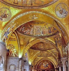 Golden mosaics cover the vaulted ceilings inside the Basilica of St Mark in Venice