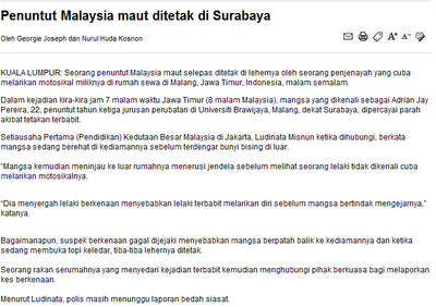 pelajar malaysia mati ditetak di surabaya