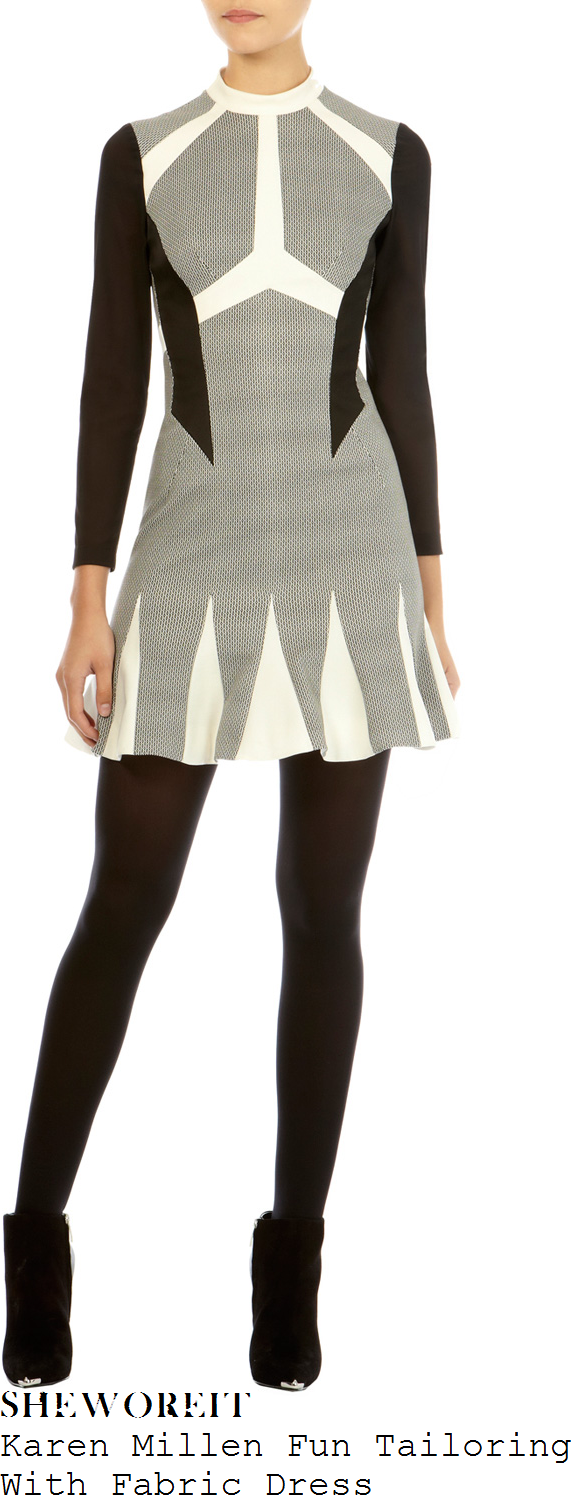 laura-whitmore-black-grey-white-long-sleeve-pleated-mini-dress