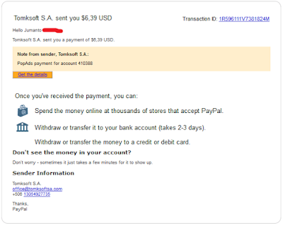 Pemberitahuan Pembayaran PopAds dari Paypal