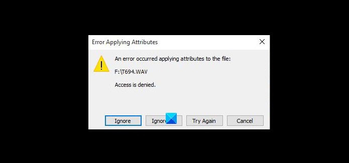 Si è verificato un errore durante l'applicazione degli attributi al file