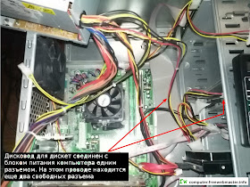 Дисковод для дискет соединен с блоком питания компьютера одним разъемом Дисковод для дискет соединен с блоком питания компьютера одним разъемом
