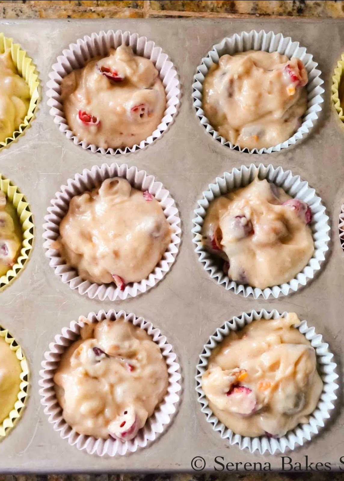Lined Muffin Tin Filled with Orange Cranberry Muffin Batter from Serena Bakes Simply from Scratch.