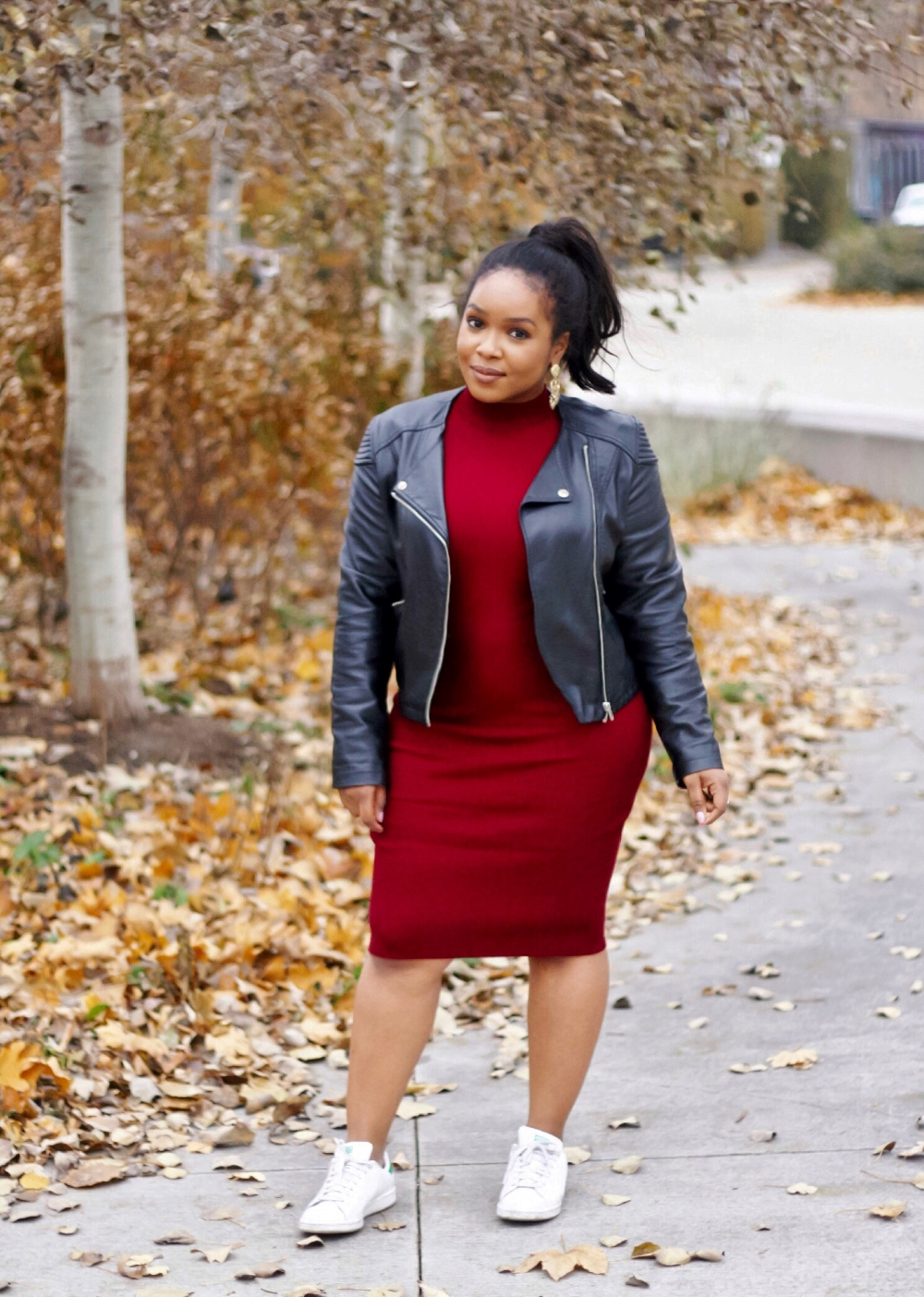 My Voguish Diaries red dress leather jacket