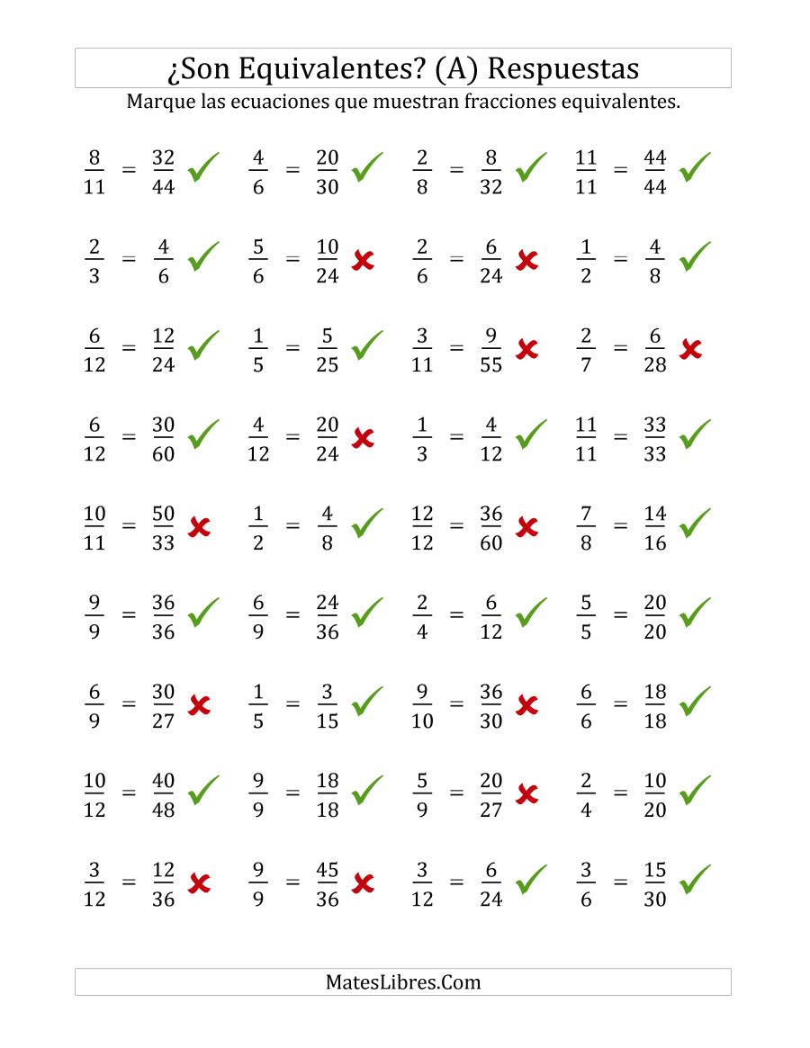 Ejercicios para hallar fracciones equivalentes y fracciones irreducibles