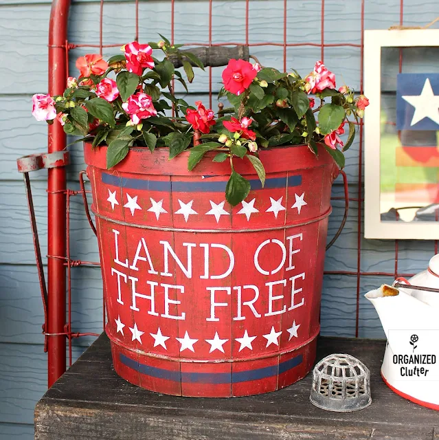 A Patriotic/Fourth of July Stenciled Wooden Planter Bucket #4th #july4th #patrioticdecor #stencil #gardenjunk #junkgarden #containergarden #upcycle