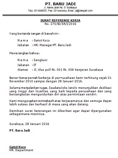Contoh Surat Referensi Kerja