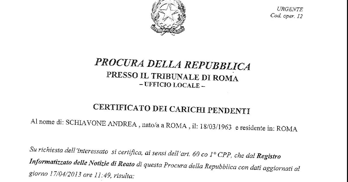 ANDREA SCHIAVONE IL MIO CERTIFICATO DEI CARICHI PENDENTI