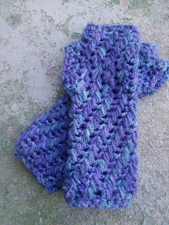 two crocheted mittens laying flat.  They are made in a variegated blue-purple yarn, and done up in a textured feather stitch. 