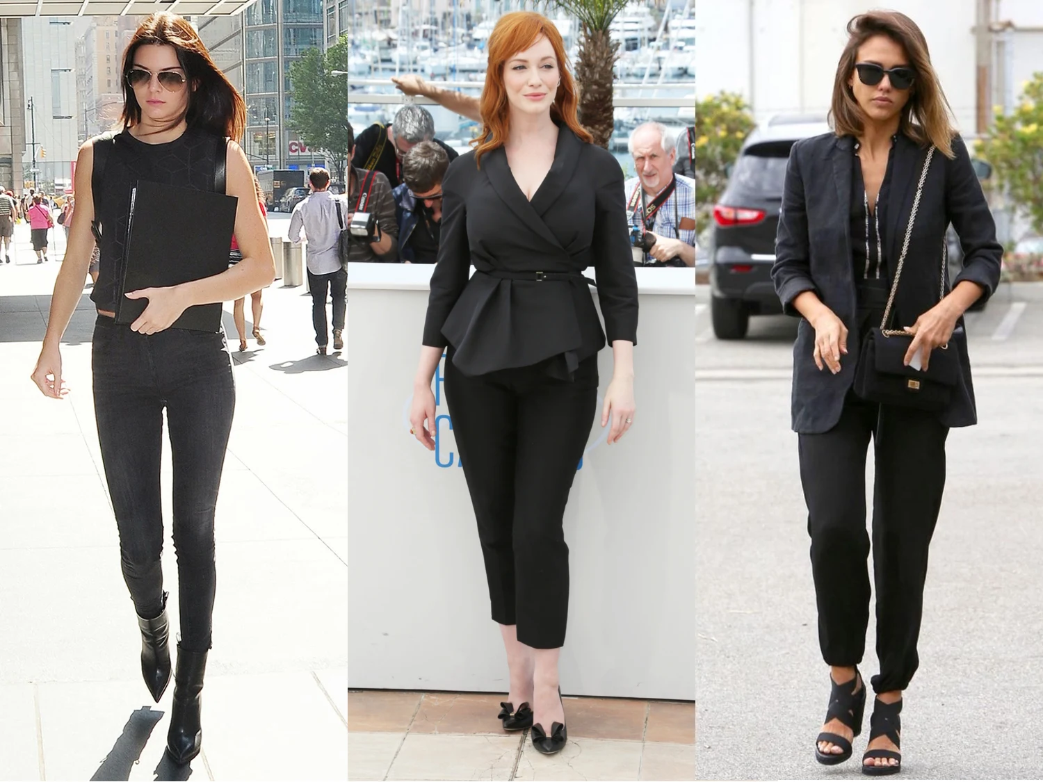 fashion collage with celebrities in all black outfits Left to right: Kendall Jenner, Christina Hendricks, Jessica Alba: