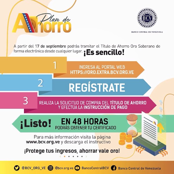 A partir de este lunes 17 de septiembre podrá adquirir vía digital Títulos de Ahorro en Oro (+detalles) A partir de este lunes 17 de septiembre podrá adquirir vía digital Títulos de Ahorro en Oro (+detalles)