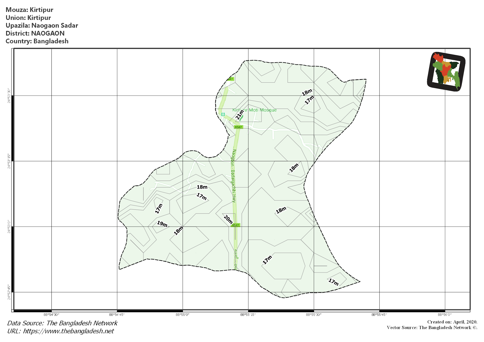 Map of Kirtipur Mouza of Naogaon Sadar Upazila, NAOGAON, Bangladesh.