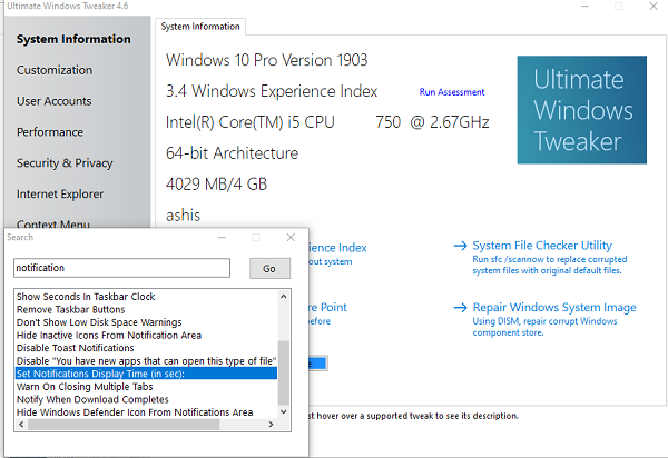 giảm hoặc tăng thời gian hiển thị thông báo của Windows 10