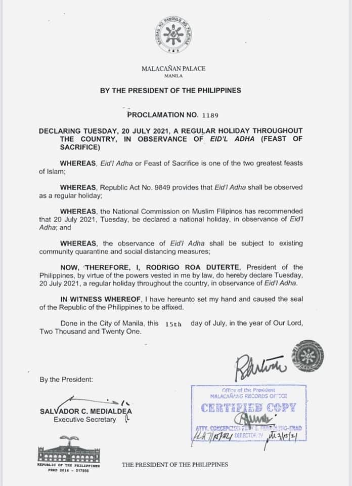 Regular Holiday in July 2021 (Proclamation No. 1189) Teachers Click