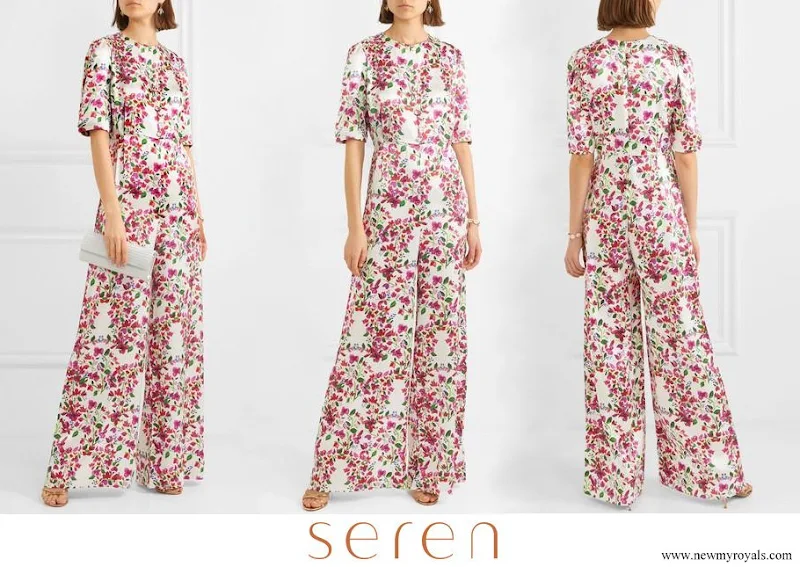 Queen Maxima wore Seren Truman Floral print silk satin half sleeve wide leg jumpsuit