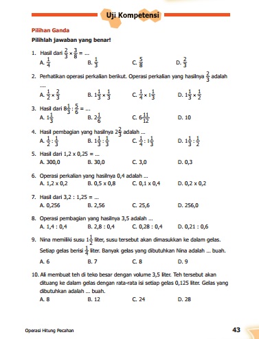 Kunci Jawaban Buku Senang Belajar Matematika Kelas 5 Kurikulum 2013 Revisi  2018 Halaman 43, 44 - Kunci Soal Matematika