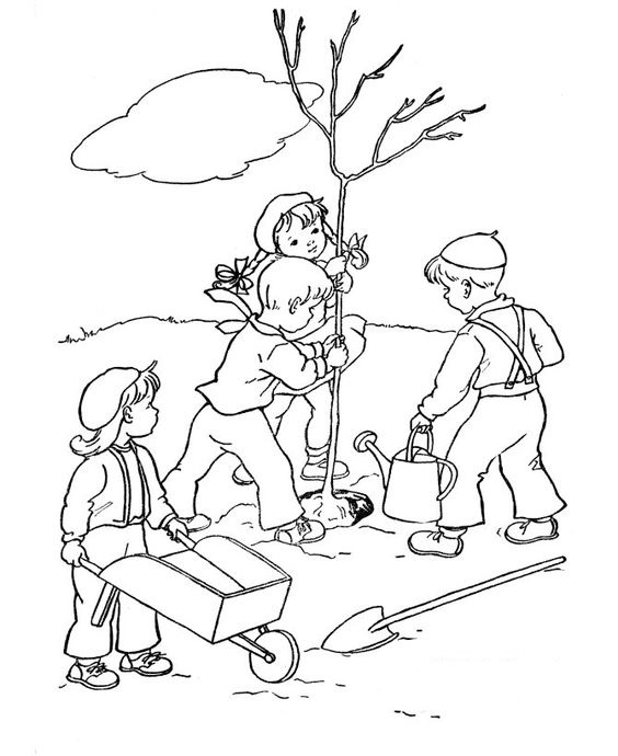 Tranh tô màu các bạn nhỏ trồng cây xanh