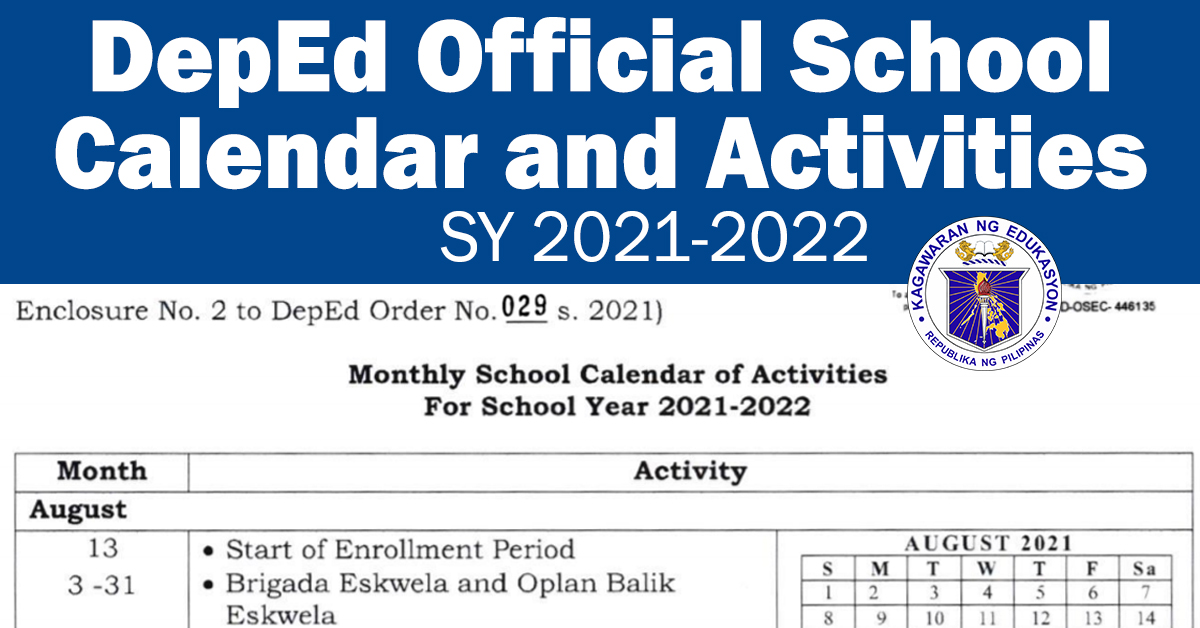 DepEd Official School Calendar and Activities for SY 2021-2022 (DO 29
