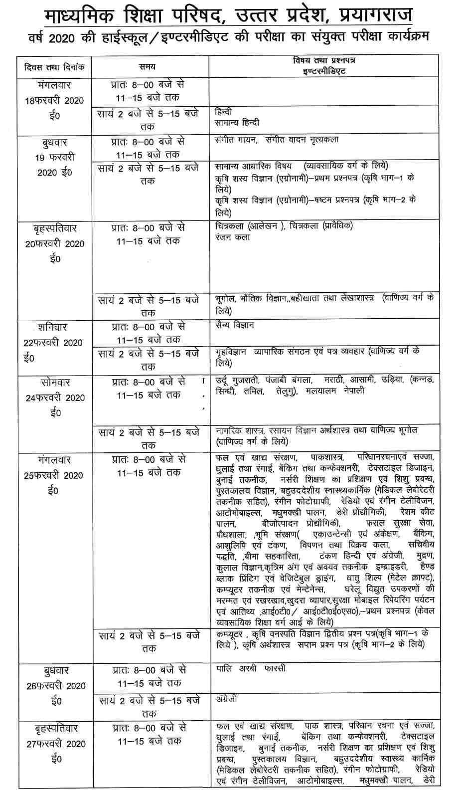 Up Board Date Sheet For Class 10th And 12th For 2020 Download In Pdf