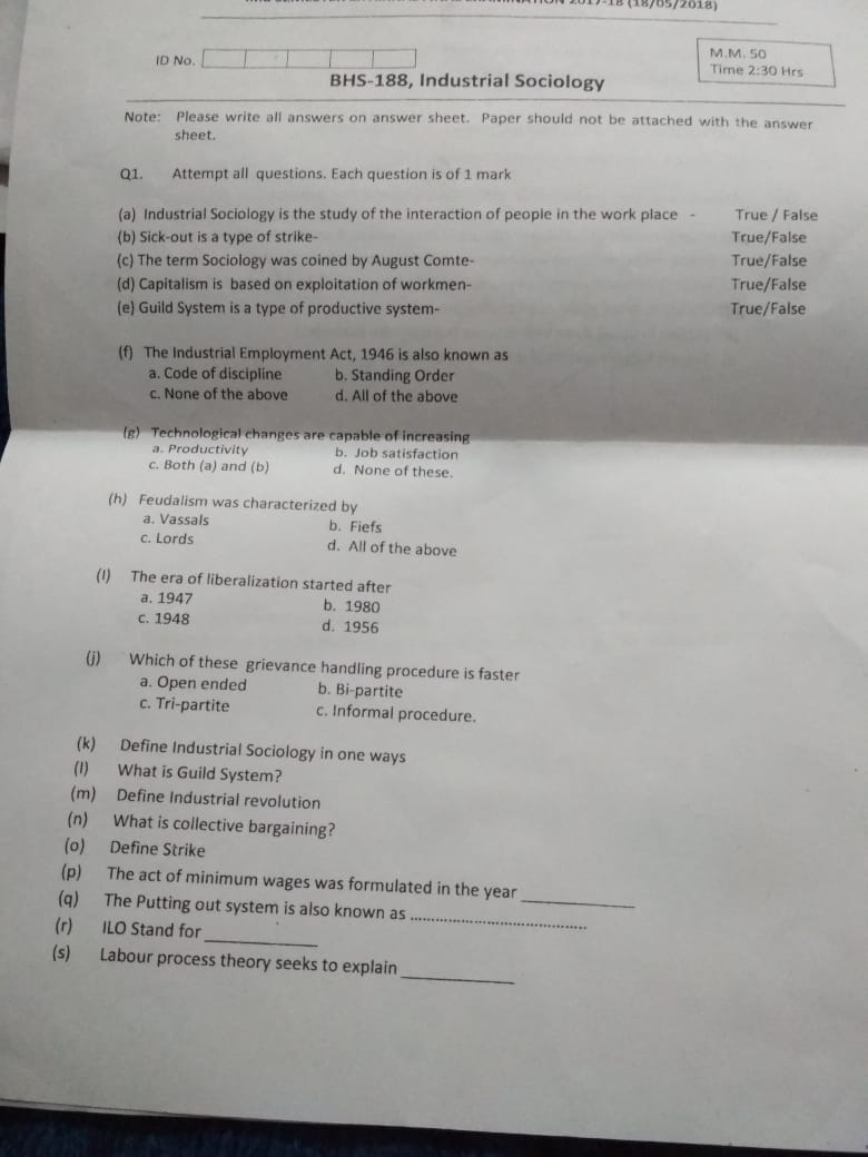 Sociology Semester Ending Examination