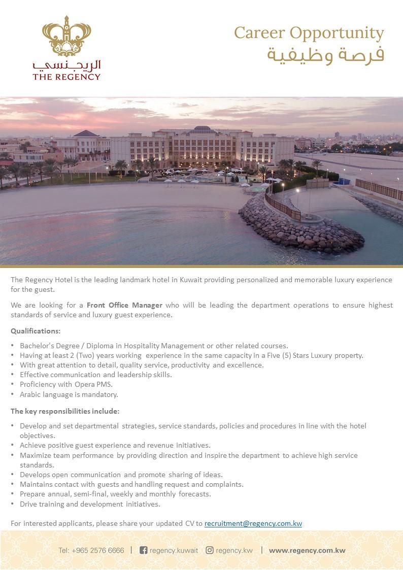 The Regency Hotel looking for a Front Office Manager