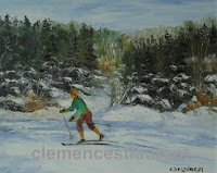 Skieur solitaire, huile 8 x 10 par Clémence St-Laurent, 1984 - skieur de fond sur un lac gelé près du rivage