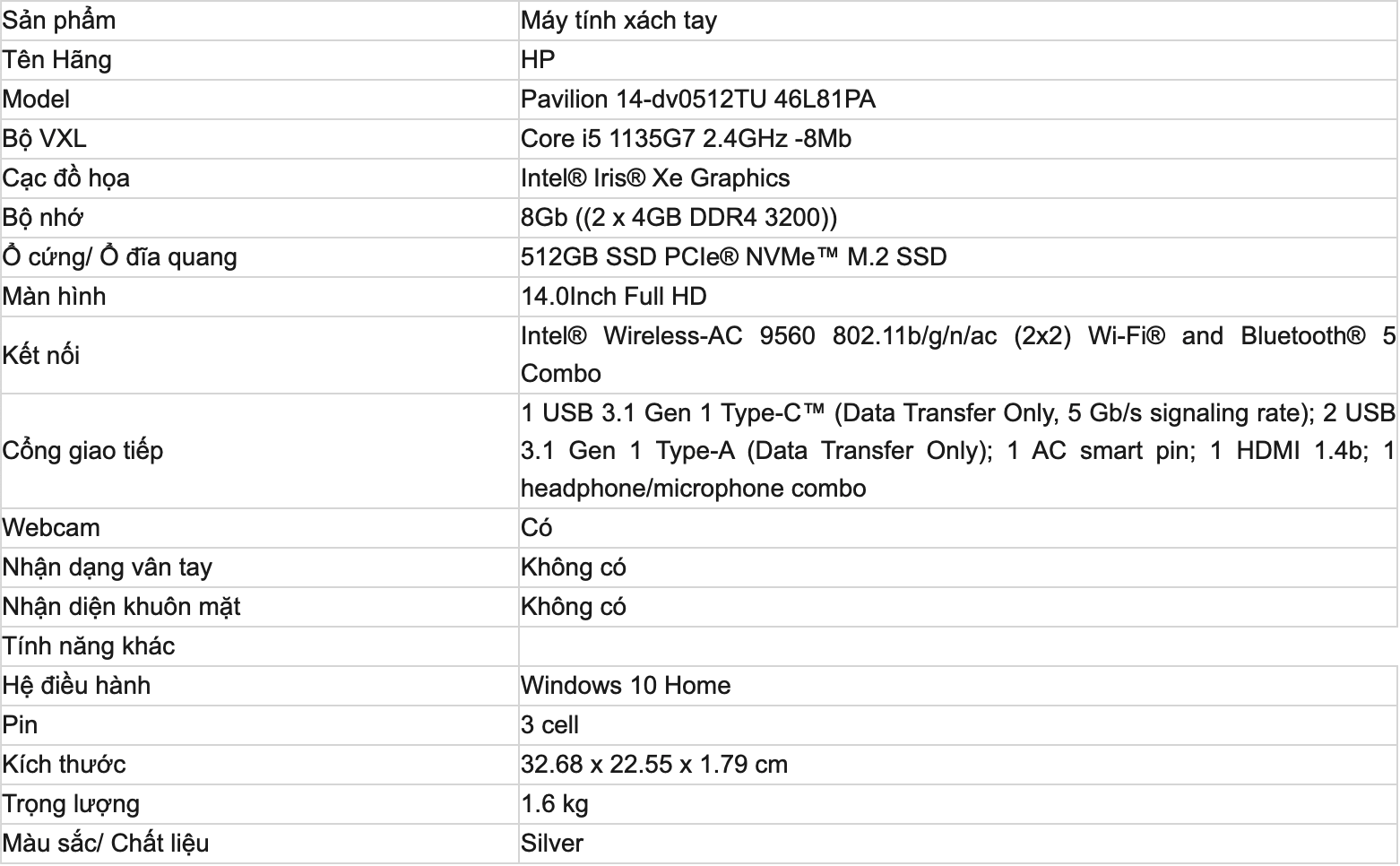 Thông số kỹ thuật máy tính Laptop HP Pavilion 14DV0512TU 46L81PA Thông số kỹ thuật máy tính Laptop HP Pavilion 14DV0512TU 46L81PA