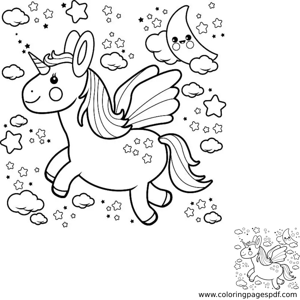 Coloring Page Of A Chubby Unicorn Flying