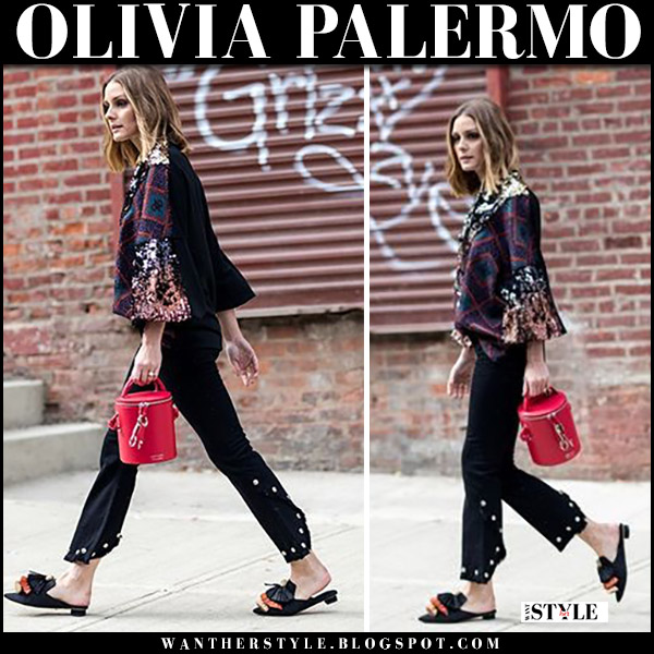 Olivia Palermo in embellished sweater and black studded cropped jeans with  red bucket bag ~ I want her style - What celebrities wore and where to buy  it. Celebrity Style